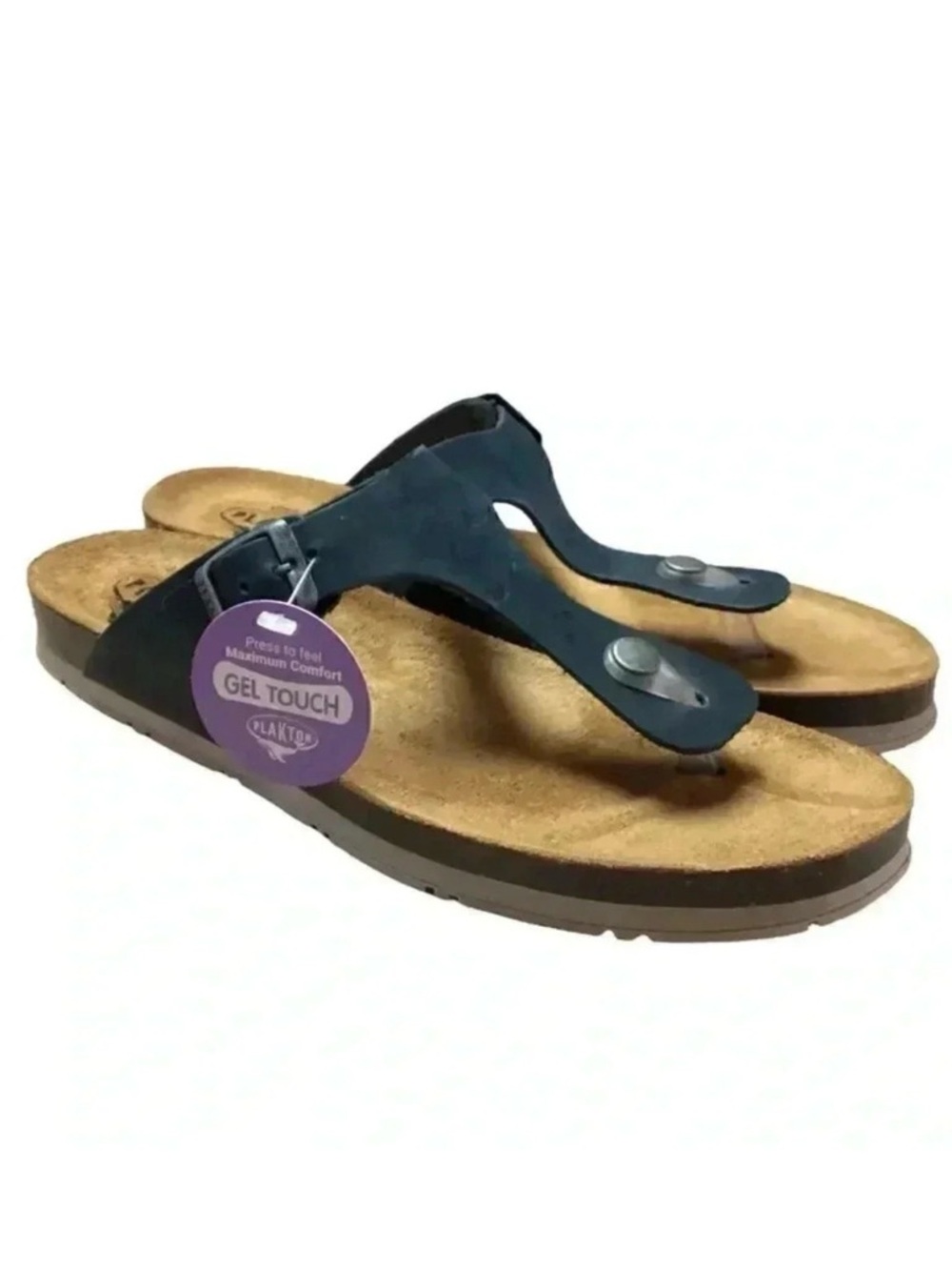 Plakton Ginger Women 10 42 Leather Cork Thong Slide Sanals Blue Buckle NEW